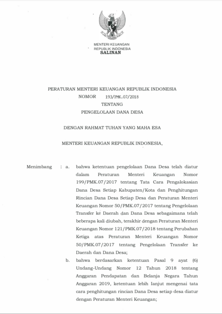 PERMENKEU REPUBLIK INDONESIA NOMOR 193/PMK.07/2018 TENTANG PENGELOLAAN DANA DESA 